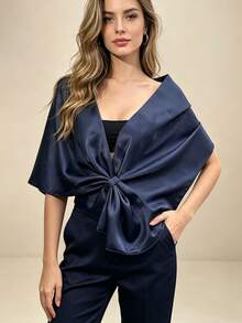 Glossy Satin Bow Knot Front Wrap Shawl Cape, Elegant Deep V Neck Off Shoulder Cover Up For Evening Party Wedding - Navy Blue - View 1