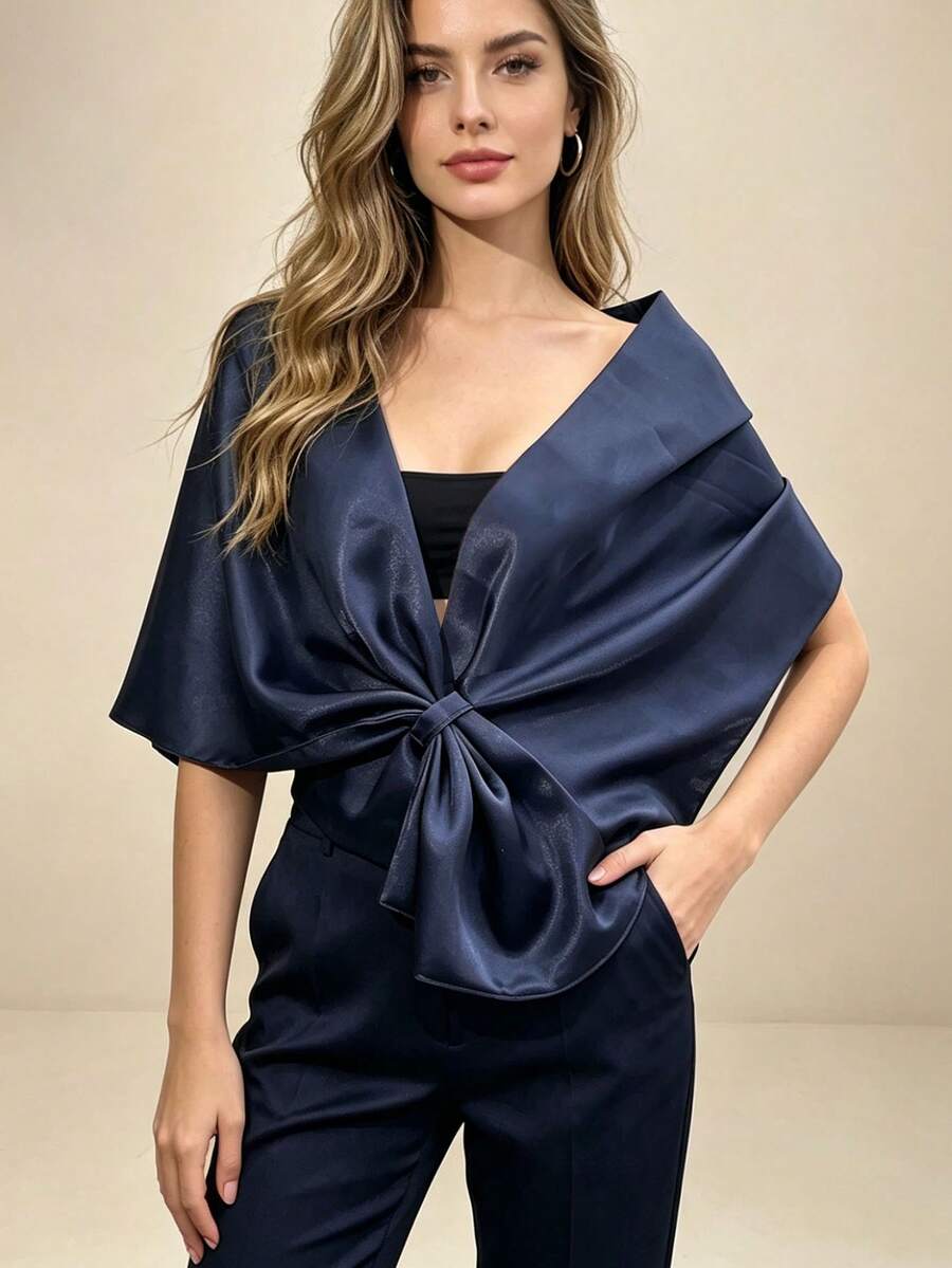 Glossy Satin Bow Knot Front Wrap Shawl Cape, Elegant Deep V Neck Off Shoulder Cover Up For Evening Party Wedding - Navy Blue - View 1