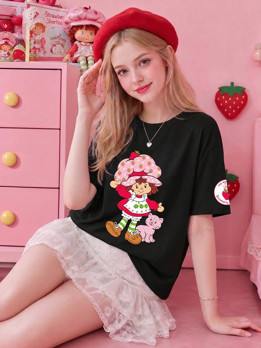 SHEIN X Strawberry Shortcake Women's Summer T-Shirt, Cute Cat Print Loose Casual Style, Suitable For Daily Sweet Girl Look Black - Black - View 1