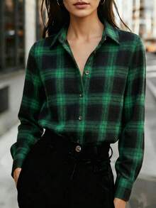 Women Green Black Plaid Flannel Shirt, Collared Long Sleeve Button Down Brushed Fabric Casual Check Blouse Fall - Green - View 2