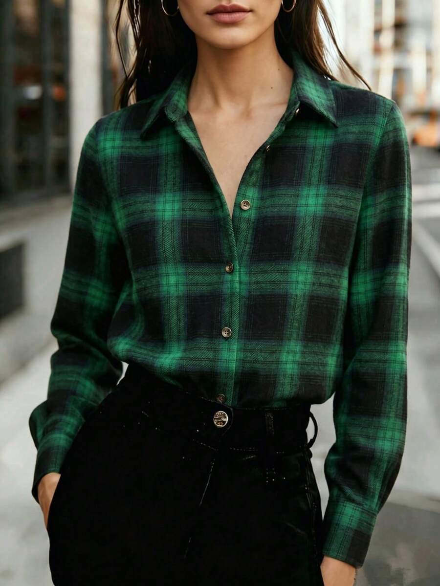 Women Green Black Plaid Flannel Shirt, Collared Long Sleeve Button Down Brushed Fabric Casual Check Blouse Fall