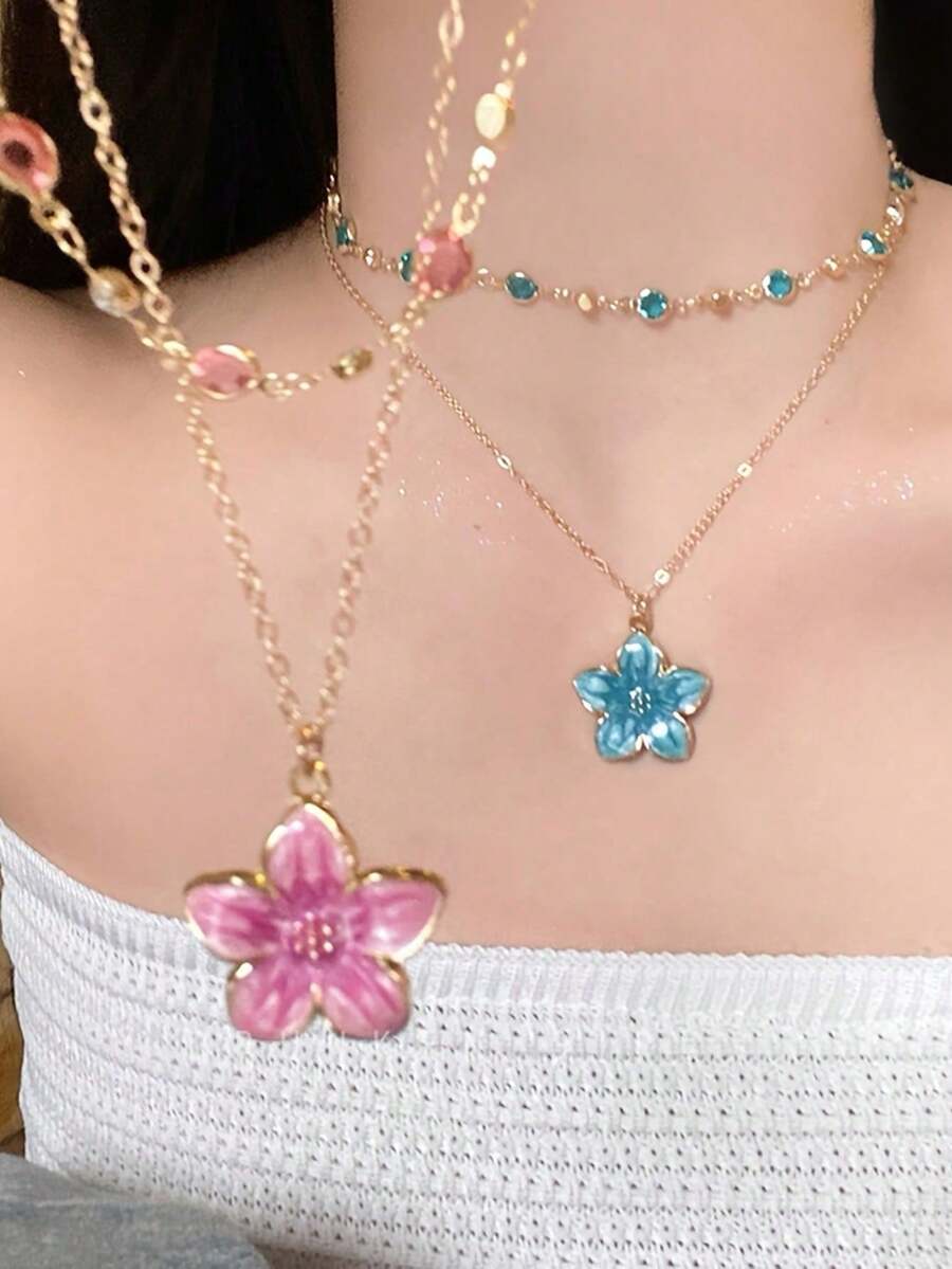 2件組分層水鑽花朵吊墜項鍊,時尚女款項鍊套組 - 款式2 - 查看 1