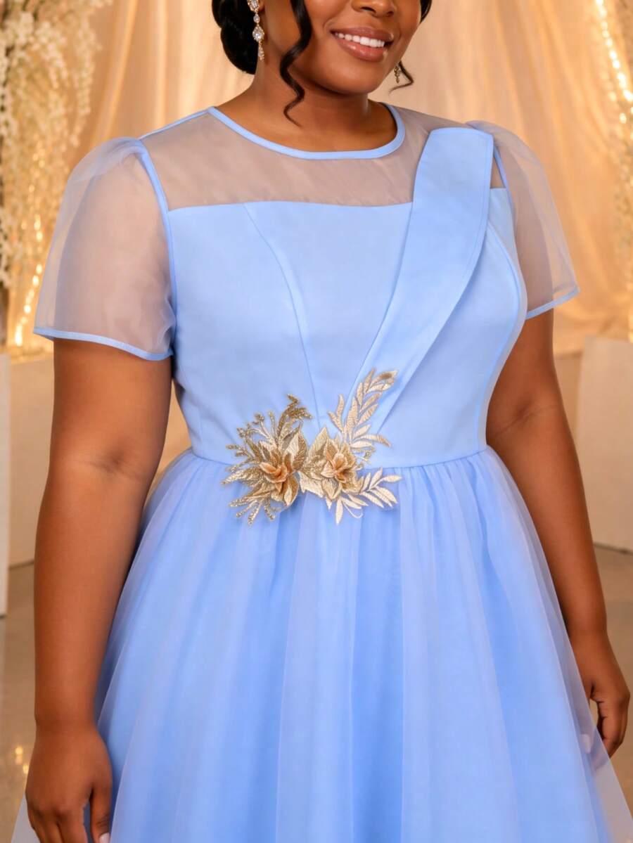 Plus Size Elegant Light Blue A Line Dress With Layered Tulle Sheer Short Sleeves Gold Applique Flowy Summer Wedding Guest Prom Party Dresses - Baby Blue - View 1