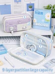 1個可愛小狗胸針多層鉛筆盒，9格加厚大容量文具袋，日式帆布拉鍊，返校季 - 彩色 - 查看 2