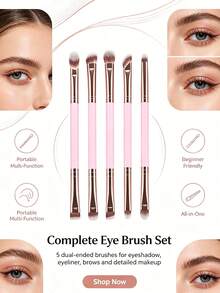 YZIMENG 5Pcs Double Ended Eye Makeup Brushes Set Soft Synthetic Eyeshadow Concealer Blending Eyebrow Liner Brush Pink Handle Professional Eye Makeup Tools - Pink - View 3