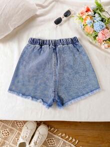 1pc Girls' Denim Shorts, Outdoor Daily Fashion Street Style Cool Retro Versatile Star Distressed Brushed Denim Hot Pants - Medium Wash - View 2