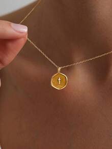 女款小十字架項鍊，精緻 14K 金/銀鍍十字架吊墜項鍊，極簡十字架吊墜項鍊，宗教珠寶，適合青少年 - 棕底滴油十字架 - 查看 1