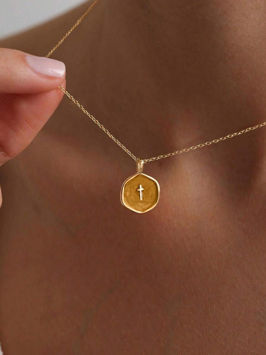 女款小十字架項鍊,精緻 14K 金/銀鍍十字架吊墜項鍊,極簡十字架吊墜項鍊,宗教珠寶,適合青少年 - 棕底滴油十字架 - 查看 1