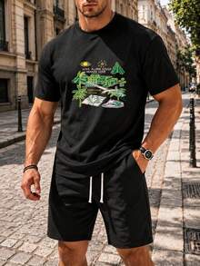 Men Vintage Graphic Print T-Shirt Cotton Crew Neck Tee - 黑色 - 查看 1