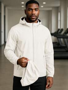 Men's Waterproof Windbreaker With Removable Hood Black Sports Jacket For Gym Or Running - 米白色 - 查看 5