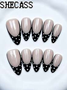 Shecass 10pcs Handmade Press-On Nails, Short Almond Shape French Polka Dot Design, High Quality, For Summer Vacation, Graduation Party - Multicolor - View 1