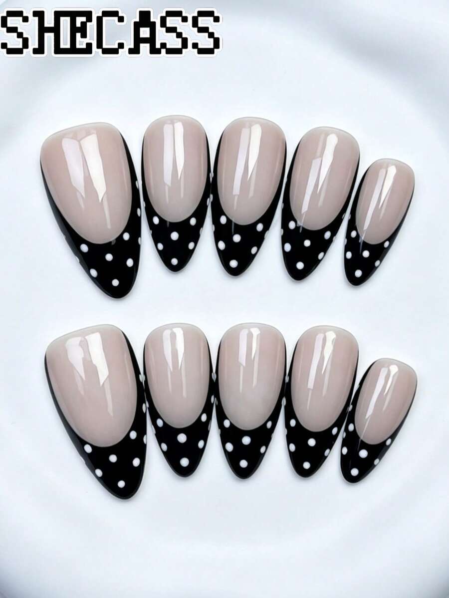 Shecass 10pcs Handmade Press-On Nails, Short Almond Shape French Polka Dot Design, High Quality, For Summer Vacation, Graduation Party - Multicolor - View 1