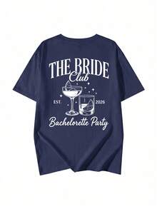 2026 Bride Club 復古調酒圖案背印寬鬆短袖T恤，休閒舒適新娘派對上衣，適合單身女派對、新娘淋浴、女生之夜、婚前旅行、度假穿搭與日常街頭穿搭 - 藏蓝色 - 查看 3