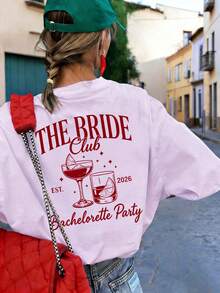 2026 Bride Club 復古雞尾酒圖案背印寬鬆短袖T恤，休閒舒適新娘派對上衣，適合單身女郎派對、新娘淋浴、女孩之夜、婚前旅行、度假穿搭與日常街頭穿搭 - 淡紫色 - 查看 2