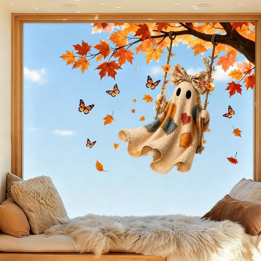 1pc Autumn Thanksgiving Maple Leaf Window Sticker, Squirrel Hedgehog Ghost Butterfly Design, PVC Static Cling, Suitable For Home Store Party Glass Decoration Decal, Halloween Decoration - Cartoon Window Stickers - View 1