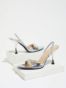 Jin Bei Qi Women's Silver Quilted Pointed Toe Stiletto High Heel Sandals With Back Strap, Featuring Clear And Delicate Embossed Texture, Strong Mirror Reflective Finish, Futuristic And Cool Luxury Vibe, Textured Pattern Adds Depth To The Solid Silver Color, Not Monotonous, Suitable For Parties, Socialites, And Banquets - Silver - View 6