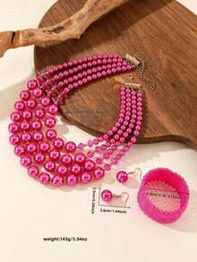 Exaggerated Multi-Layer Dandelion Handmade Beaded Faux Pearl Necklace, Bracelet And Earrings 3-Piece Set, Vintage Boho Style - Hot Pink - View 2