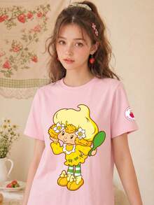 女款夏季 T-shirt，可愛檸檬甜點與青蛙印花寬鬆休閒 T-shirt，適合日常穿著與甜美女孩風格，粉紅色 - 粉色 - 查看 6