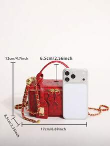 Vintage Festive Red Ostrich Skin Textured Small Square Box Bag With Gold Adjustable Chain, Evening & Commute Handbag For Women - Red - View 11