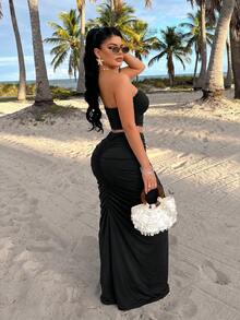 AIJ Amarilo 女款彩色印花與純色兩件套－抹胸修身金屬扣上衣搭配收腰百褶裙，春夏黑色 - 黑色 - 查看 2