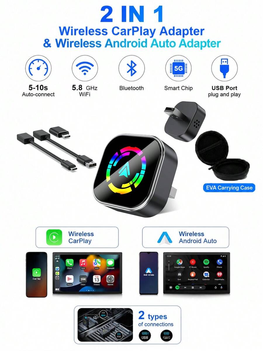 即插即用 CarPlay 轉換器,將有線連接轉換為無線連接,2 合 1 無線 CarPlay 與 Android Auto 適配器,快速連接,適用於 USB/USB-C 接口,尺寸輕巧 - A - 查看 1
