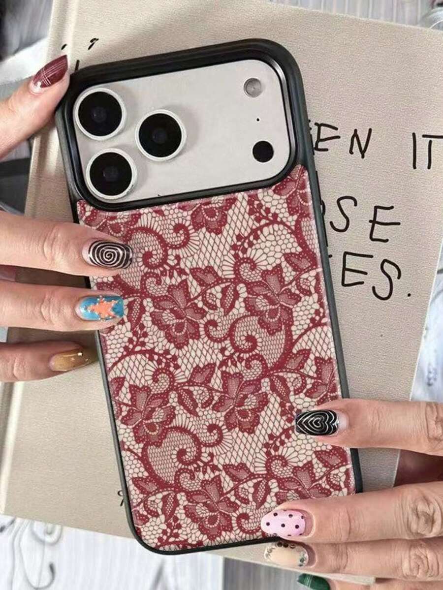 1 pieza Funda de teléfono personalizada de encaje rojo estilo niña compatible con Apple 17 Pro Max, 16 Pro, 13, diseño creativo - Negro - Ver 1