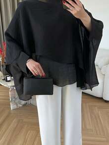 Women's Minimalist Casual Asymmetrical Round Neck Cover Up Style Loose Top, Solid Color Everyday - Black - View 6
