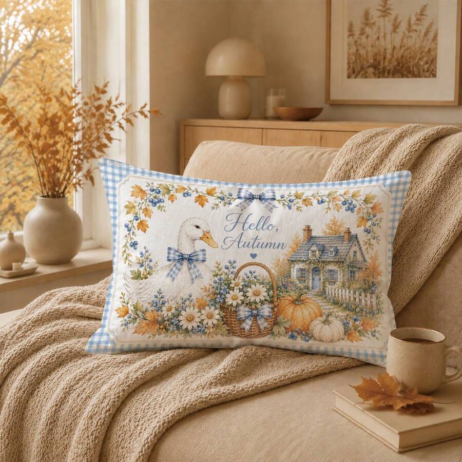 1 Stück minimalistischer herbstlicher ländlicher Cottage-Tür-Kürbis-und-Gans-Kissenbezug, einseitig Muster, hautfreundliches Pfirsichhaut-Samtmaterial, 30*50/40*60CM Kissenbezug für modernes Stoffsofa, Innendekoration, Partydekoration, Geschenk - Verschiedenfarbig - Übersicht 1