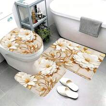 1/3/4pcs Gold Floral Print Shower Curtain Set, Minimalist Pattern, Washable Polyester Fabric, Waterproof Durable Bathroom Accessories, Includes 12 Hooks - Includes Toilet Lid Cover, Bath Mat And Rug, Home/Bedroom/Living Room/Home Decor/Summer - A - View 9