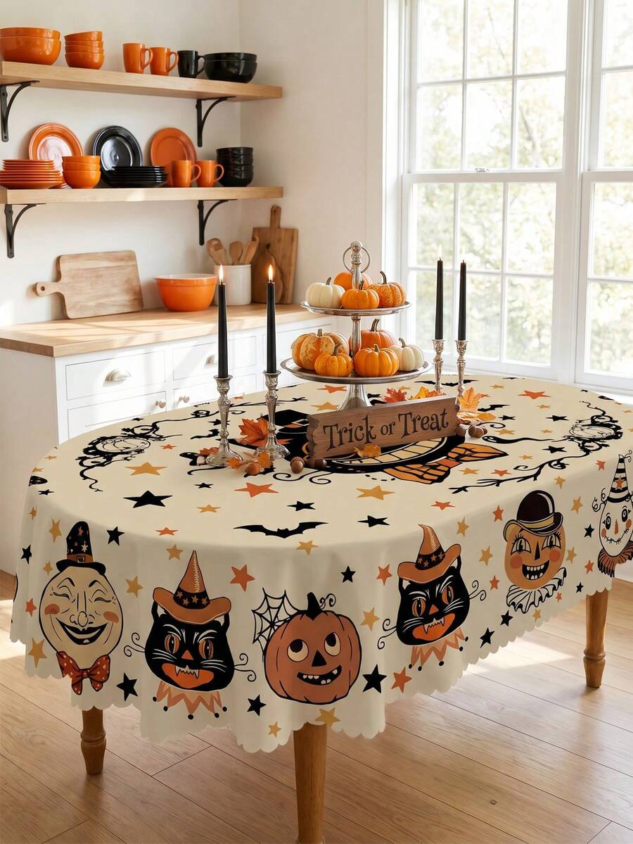 1pc-Halloween Tablecloth, Vintage Pumpkin Black Cat Moon Face Table Cover, Cute Witch Hat Star Bat Print Tablecloth, Fall Holiday Party Decor For Dining Table Kitchen, Indoor Outdoor Home Decor, Washable Reusable Table Cover - Multicolor - View 1