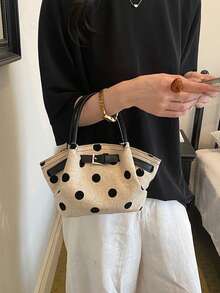 Dedoo 女款迷你波點亞麻帆布托特包，皮革扣飾，小提把單肩包，休閒日常通勤，春夏款 - 黑色 - 查看 9
