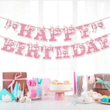 粉色公主城堡皇冠小馬蛋糕生日派對裝飾橫幅背景布蝴蝶結吊飾 - A - 查看 5