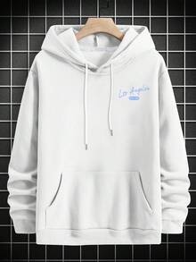 Men's American Vintage Skull Longboard Surf Print Hoodie, LONG BOARD Wave & Palm Tree English Slogan, White Loose Drop Shoulder Hoodie - White - View 5