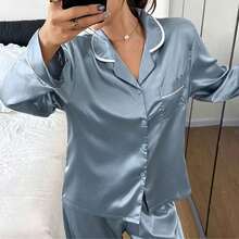 Dreamivo Solid Pink Summer Women's Pajama Set - Short Sleeve Button Collar Top And Pants, Soft Pajamas, Machine Washable, Can Be Worn As Outerwear Women's Long Sleeve Long Pants Pajama Set - Baby Blue - View 3