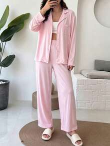 Women's Autumn/Winter Comfortable 2 Pieces Set, Long Sleeve Collared Single-Breasted Top And Straight Leg Pants, Solid Color Loose Casual Suit Pink Spring Elegant - Pink - View 3