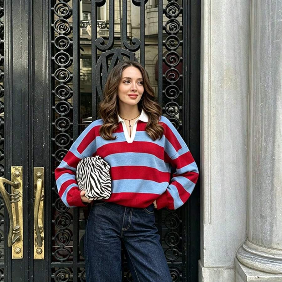 ZAHM Women's Loose Cropped Color Block Long-Sleeve Knit Top With Red, White And Blue Striped Polo Collar - Multicolor - View 1