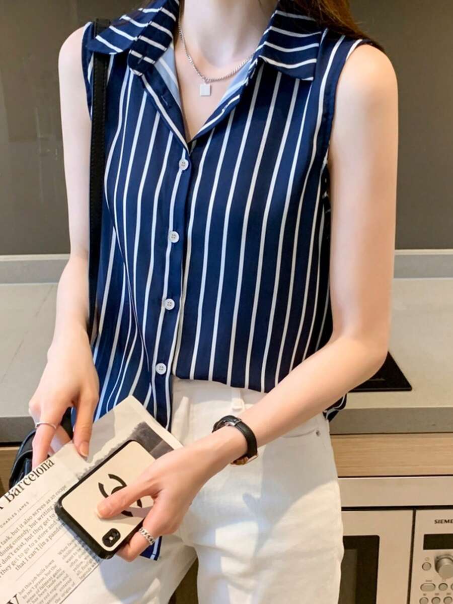 女士时尚条纹无袖衬衫领上衣，聚酯纤维面料，常规版型，前襟纽扣设计，夏季款