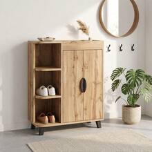 Sweiko Un'elegante scarpiera per l'ingresso, in stile scandinavo, con ante e ripiani a giorno, realizzata in legno composito con finitura rovere e gambe in metallo, adatta a corridoi e piccoli ingressi di appartamenti, con bordo rialzato e altezza libera di 10 cm, facile da montare. - Visualizzare 8