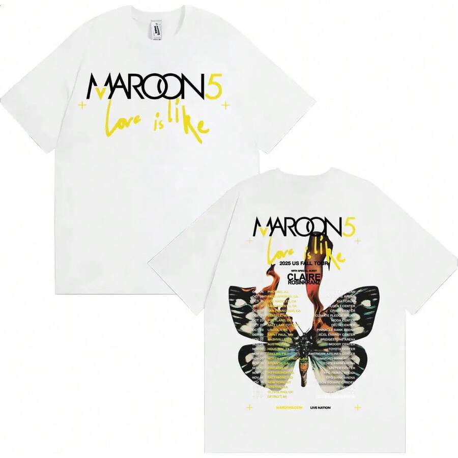 1 Stück, Band Maroon 5 Love Is Like US Herbst Tour T-Shirt für Männer und Frauen, Mode Hip Hop Street T-Shirts, 100% Baumwolle, bequemes, lockeres T-Shirtt shirt - Weiss - Übersicht 1