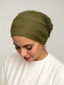 1 buah Jilbab Wanita Warna Polos dengan Tali Elastis, Syal Penutup Kepala, Topi Kecil, Cocok untuk Pemakaian Sehari-hari - Hijau Tentara - View 3