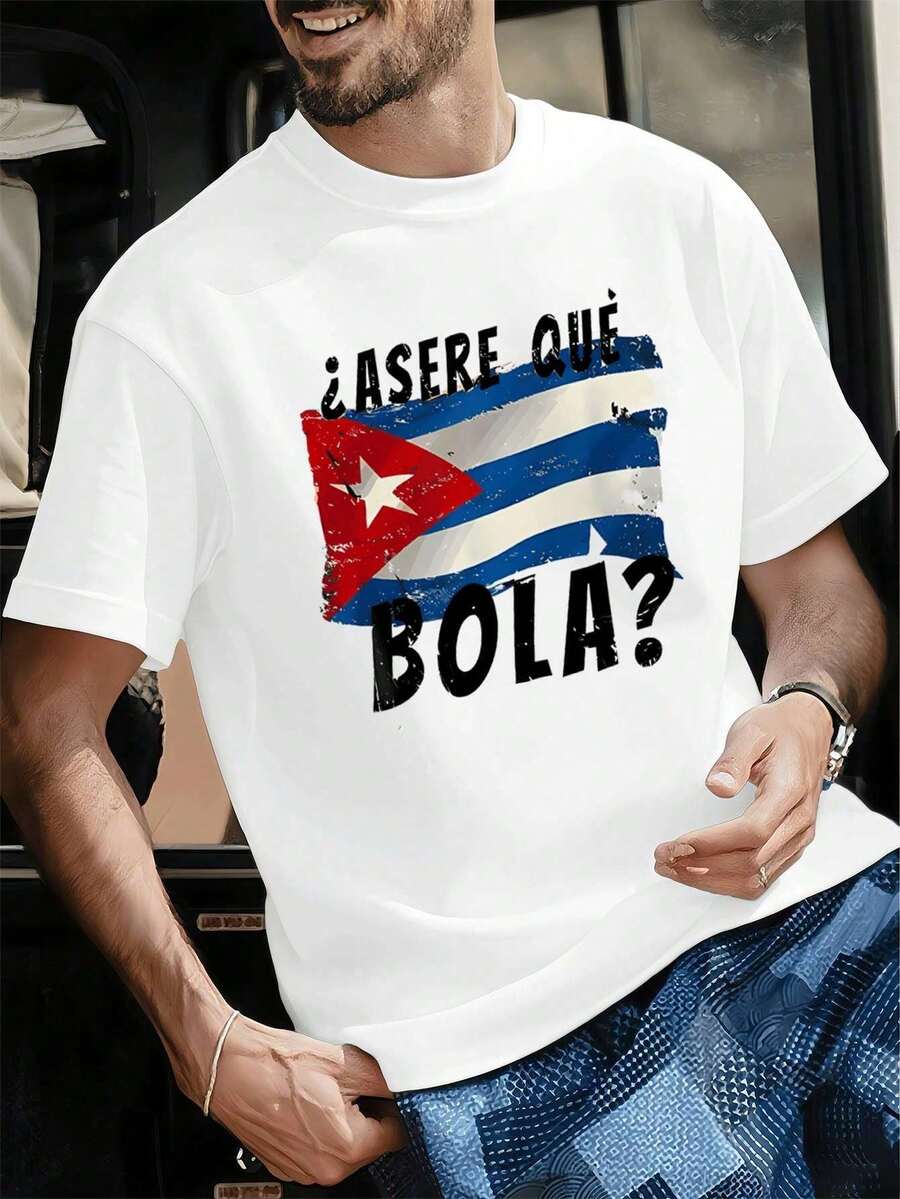 Camiseta casual para hombre con estampado de la bandera cubana, tela de calidad, ajuste cómodo, estilo urbano hip-hop, transpirable. - Blanco - Ver 1