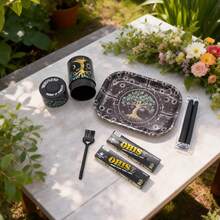 Creative Pattern Rolling Tray Set. Portable Smoking Accessories Kit. Includes Metal Tray, Rolling Machine, Rolling Papers And Storage Can. Versatile Accessories. Multi-Purpose Accessories. Home & Party Supplies. Holiday & Birthday Gift For Friends. - Multicolor - View 3