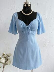 Plus Size Short Princess Dress, Loose Fit, With Gathered Neckline And Short Sleeves, Elegant, Sizes 46 To 56 - Baby Blue - View 2