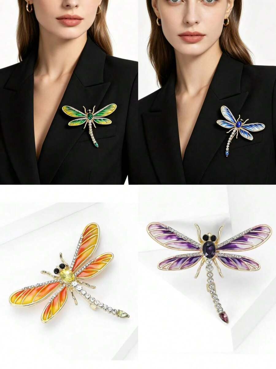 Unisex Vintage Libelle Emaille Brosche mit Strass, Anstecknadel für Anzug, Kleid und Mantel - Libelle - Übersicht 1