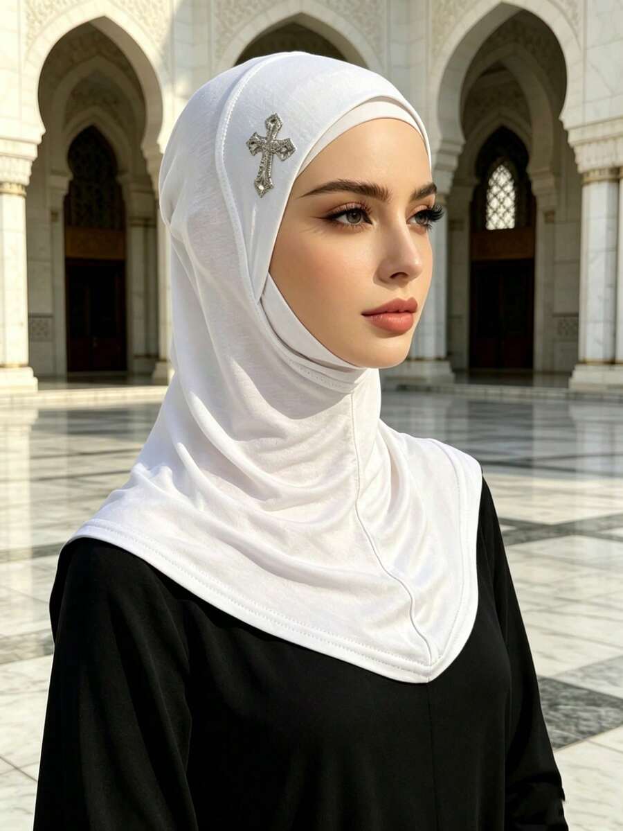 1pc High-Quality Cross Rhinestone Muslim Women Elegant Headscarf, Versatile Style For Daily Casual Outings - White - View 1