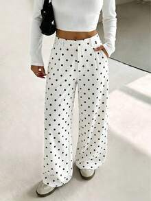 Damen Langhose für Frühling, Sommer und Herbst, lässige modische Polka-Dot-Hose mit weitem Bein, lockerer Passform, gerade geschnittene weite lange Hose im französischen eleganten Stil, geeignet für Shopping, Urlaub, tägliche Pendelfahrten und Schulanfang - Weiss - Übersicht 11