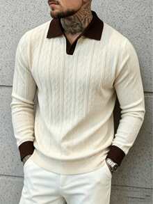Men's Slim Fit Versatile Comfortable Knit Polo Long Sleeve Top - Apricot - View 7