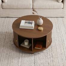 Coffee Table, Round Coffee Table, Living Room Table, Surrounding Vertical Relief Structure, Two Sliding Doors, MDF Body, Metal Handles, Spherical Metal Legs, Four Separate Storage Compartments. - Walnut Wood Color - View 4