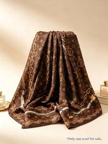 Moemton Coffee Brown Equestrian Chain Star Pattern Silk Scarf, Women's Luxury Satin Large Shawl, Suitable For Daily Street Style And Business Travel - Brown - View 6