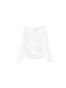 Early Autumn New French Design Asymmetric Neckline Twisted Cinched Waist Knit T-Shirt Top White - White - View 5